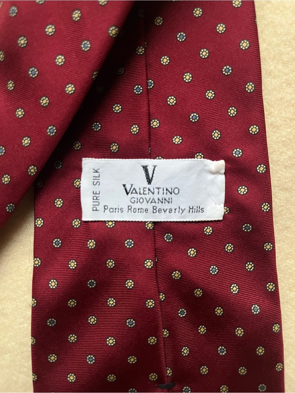 Valentino Burgundy Silk Tie with Yellow and Navy Dot Medallions